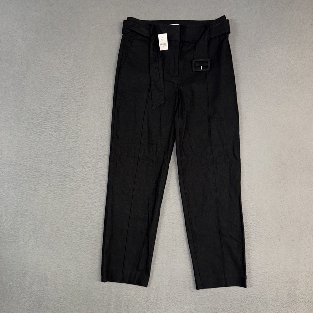 LOFT Pants Womens 2 Black Pintucked Slim Leg Belted Twill Cotton Linen Blend NWT